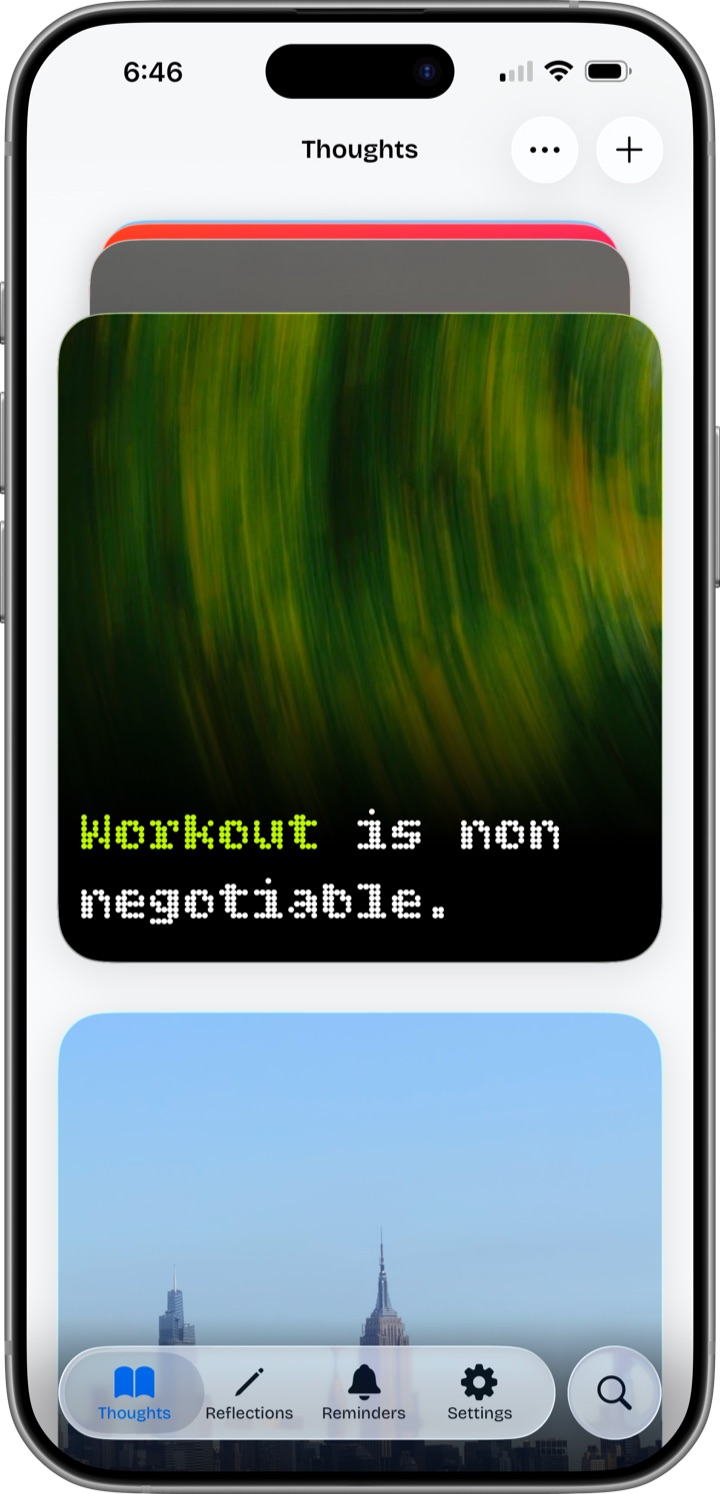 Roundtail Straight app showing thought cards on iPhone